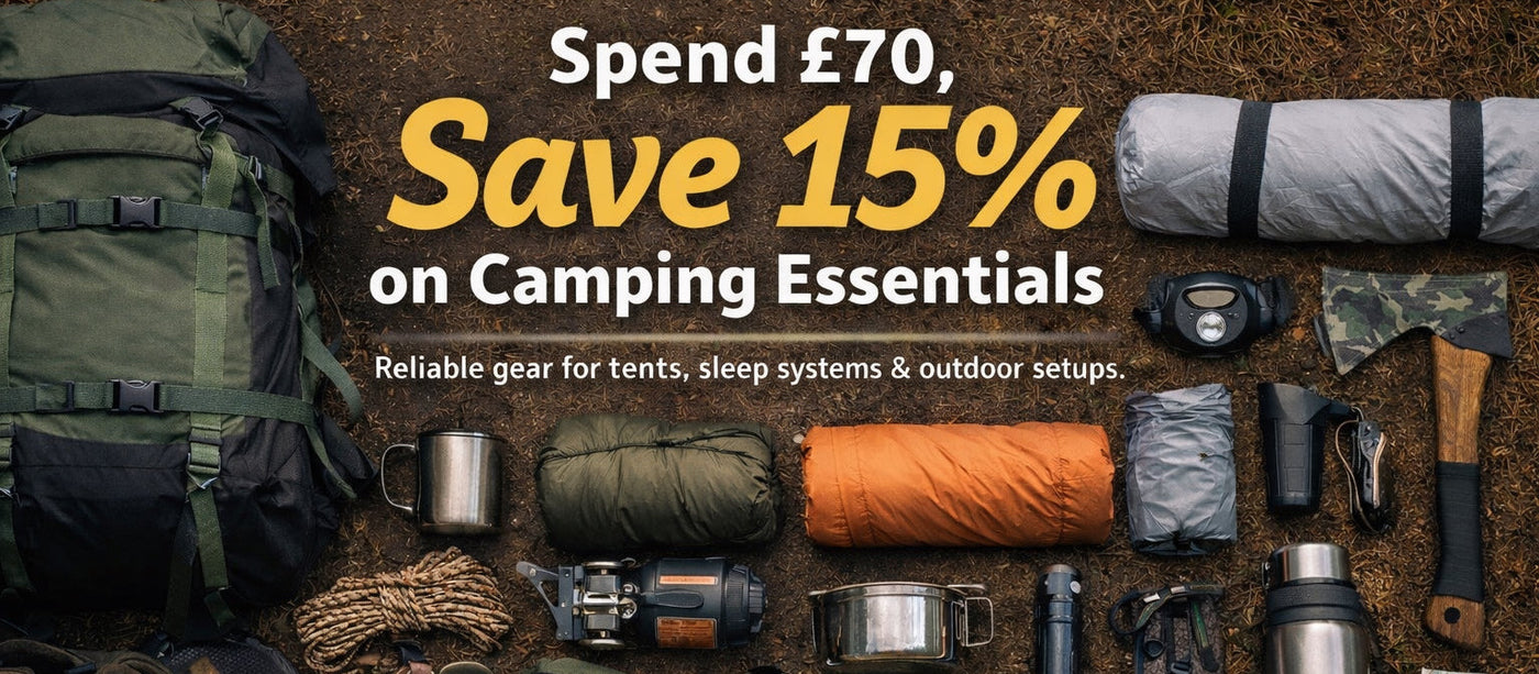 Promotional banner for camping essentials with text and outdoor gear on a dark background