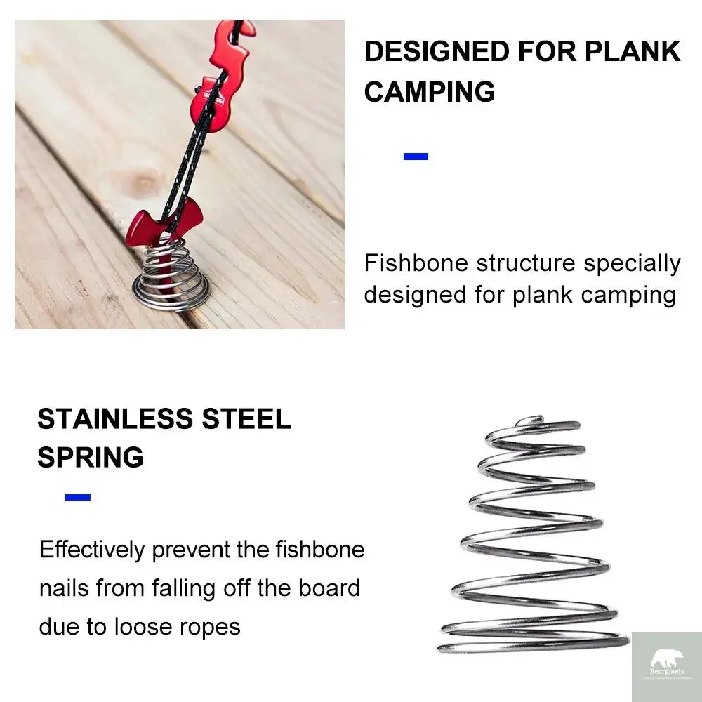 Widesea 4Pcs/set Camping Adjustable Plank Spiral Shaped Fish Bone Deck Carabiner Wind Rope Buckles Tent Stakes Hook Board Peg Beargoods