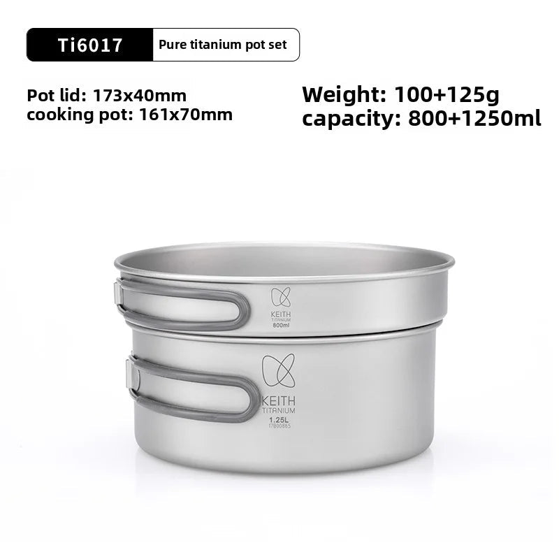 KEITH Pure Titanium 2-Piece Cookware Set (800ml+1250ml), Ultralight Pot & Pan with Mesh Bag for Camping Backpacking Hiking Beargoods