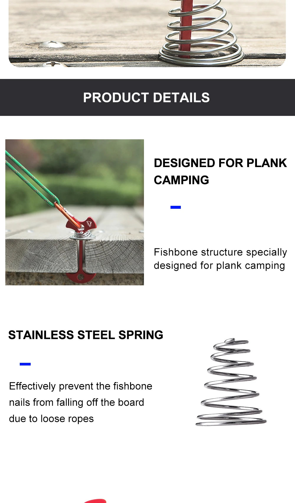 Widesea 4Pcs/set Camping Adjustable Plank Spiral Shaped Fish Bone Deck Carabiner Wind Rope Buckles Tent Stakes Hook Board Peg Beargoods