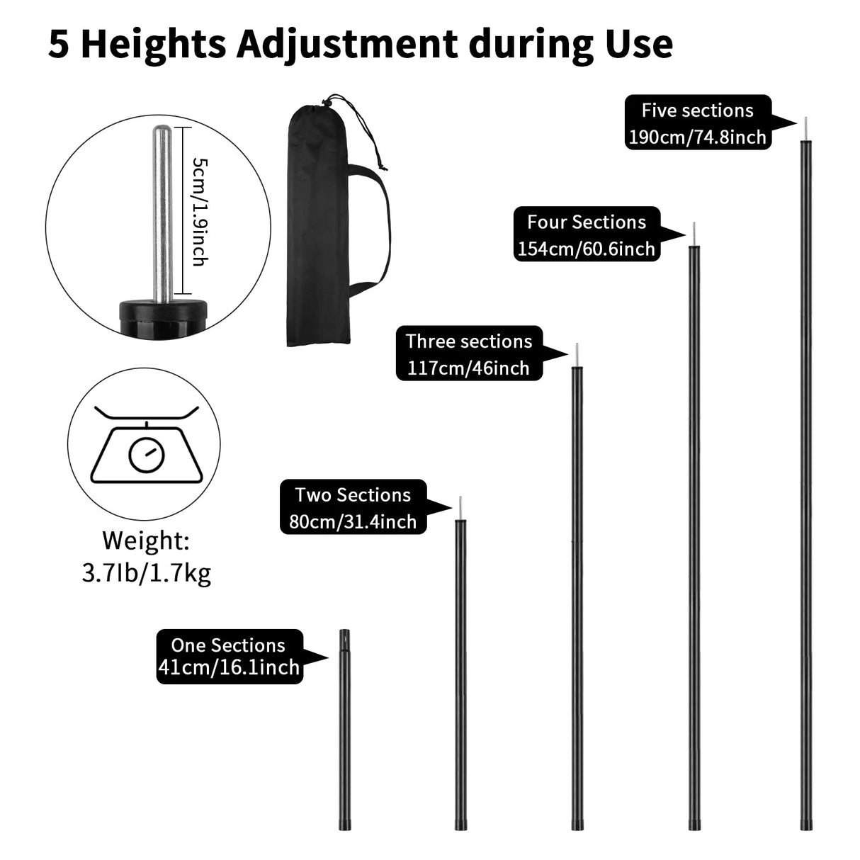 2m Telescopic Tent Poles Set of 2 Lightweight Adjustable Trekking Camping Collapsible Poles for Walking Canopy Hiking Beargoods