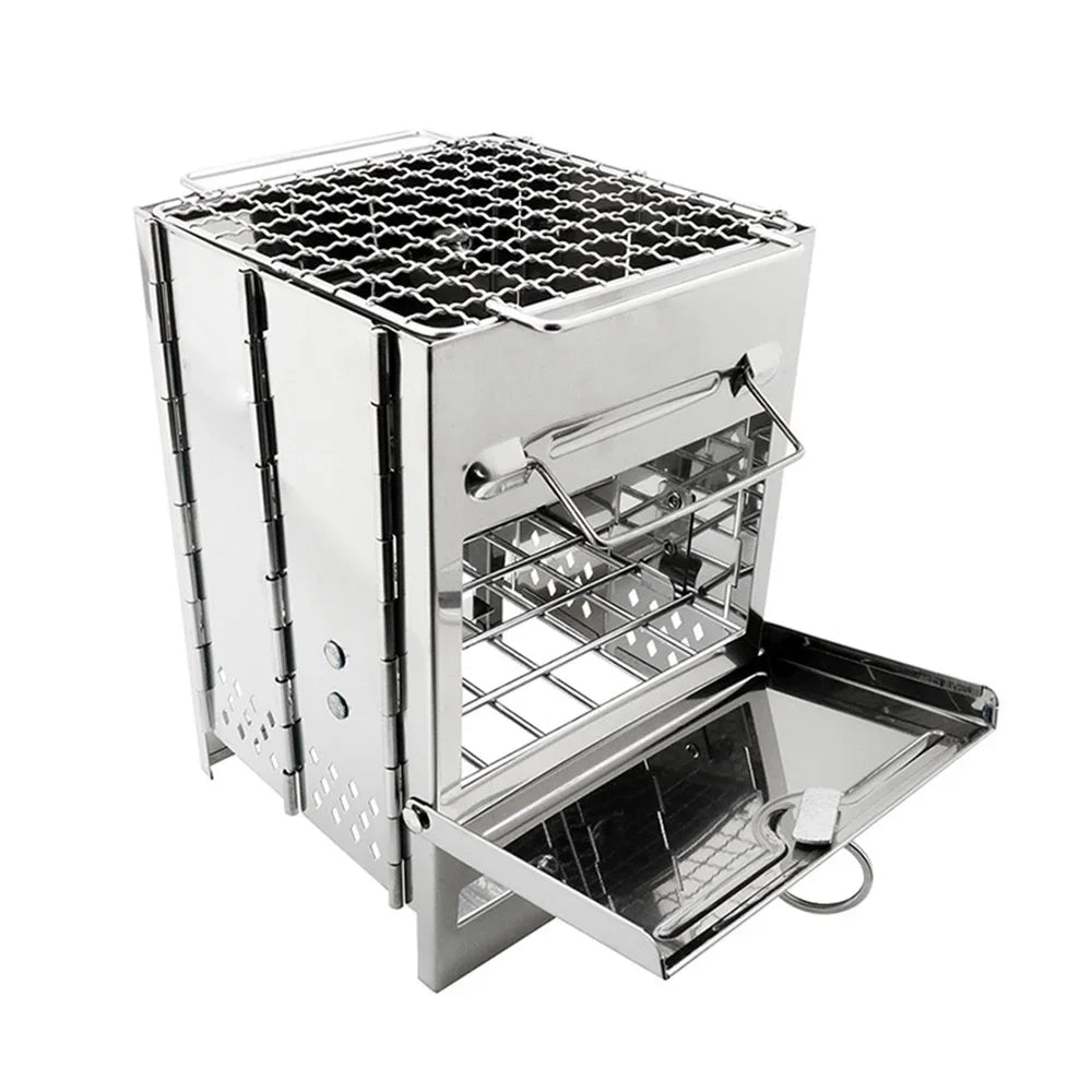 Square Wood Burning Camping Stove Outdoor Survival BBQ Mini Grill BBQ Outdoor Camping Firewood Folding BBQ Picnic Stove Beargoods