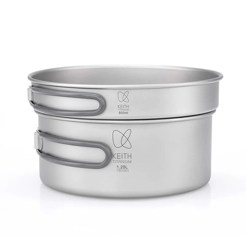 KEITH Pure Titanium 2-Piece Cookware Set (800ml+1250ml), Ultralight Pot & Pan with Mesh Bag for Camping Backpacking Hiking Beargoods