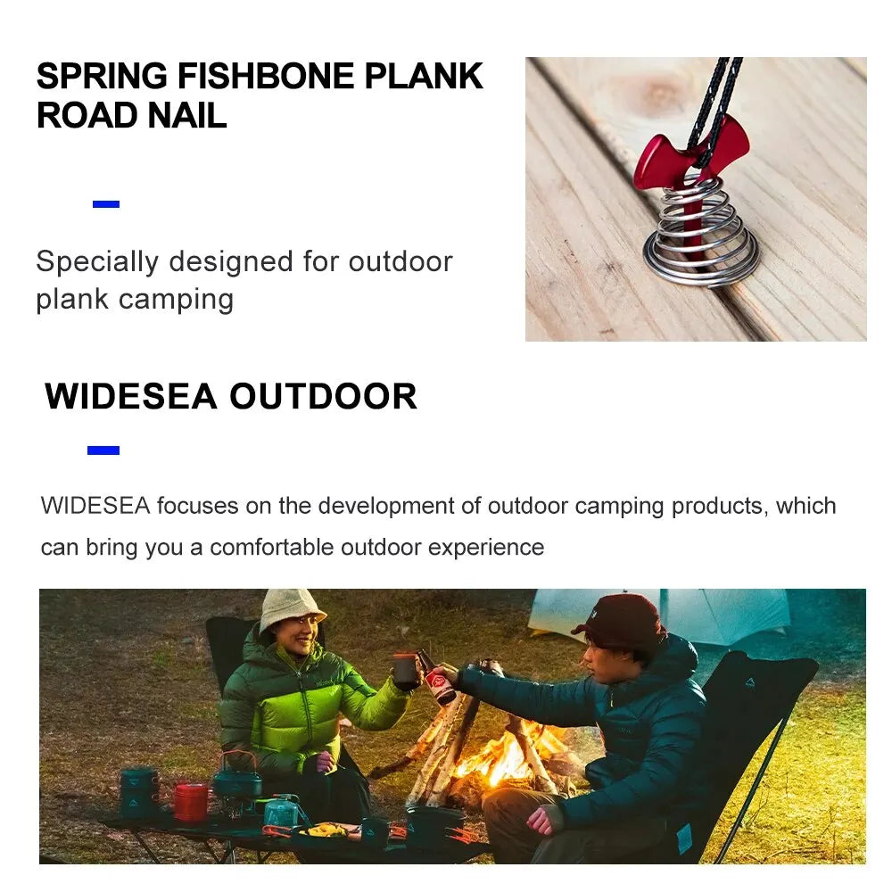 Widesea 4Pcs/set Camping Adjustable Plank Spiral Shaped Fish Bone Deck Carabiner Wind Rope Buckles Tent Stakes Hook Board Peg Beargoods