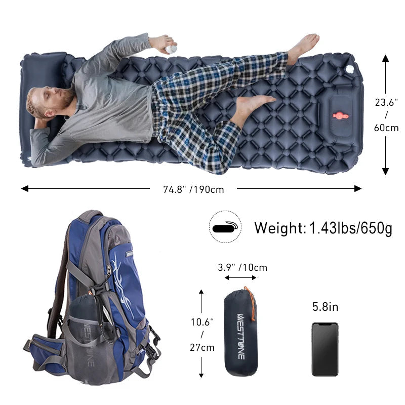 WESTTUNE Camping Inflatable Mattress Ultralight Outdoor Sleeping Pad with Pillow Built-in Pump Air Mat for Backpacking Hiking Beargoods