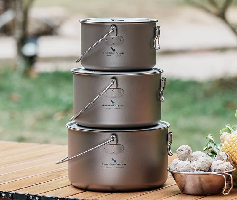 Boundless Voyage Titanium Pot Camping Cookware Hanging Soup Pot with Lid Outdoor Cooking Kit Lightweight Kitchen Ware Tableware Beargoods