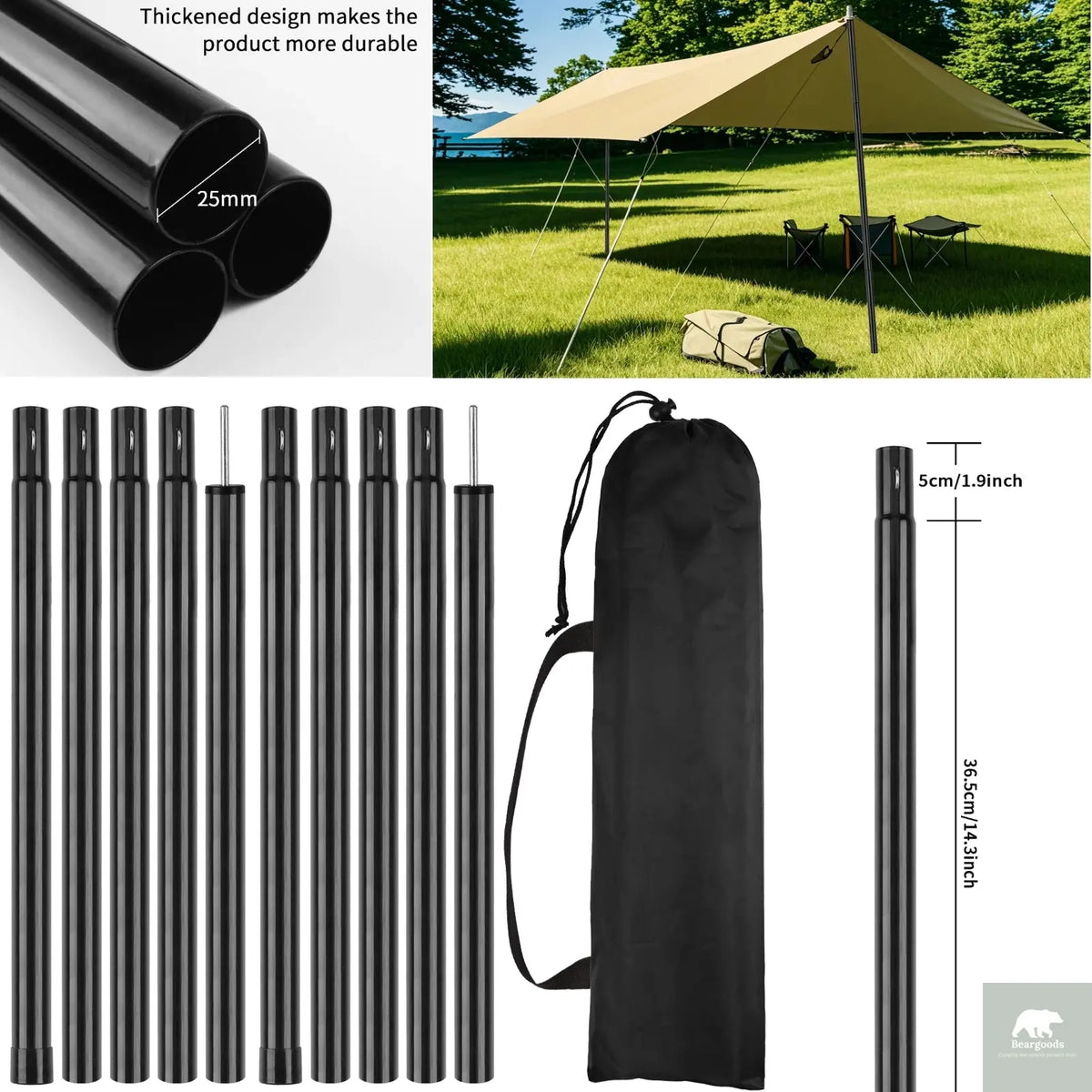 2m Telescopic Tent Poles Set of 2 Lightweight Adjustable Trekking Camping Collapsible Poles for Walking Canopy Hiking Beargoods