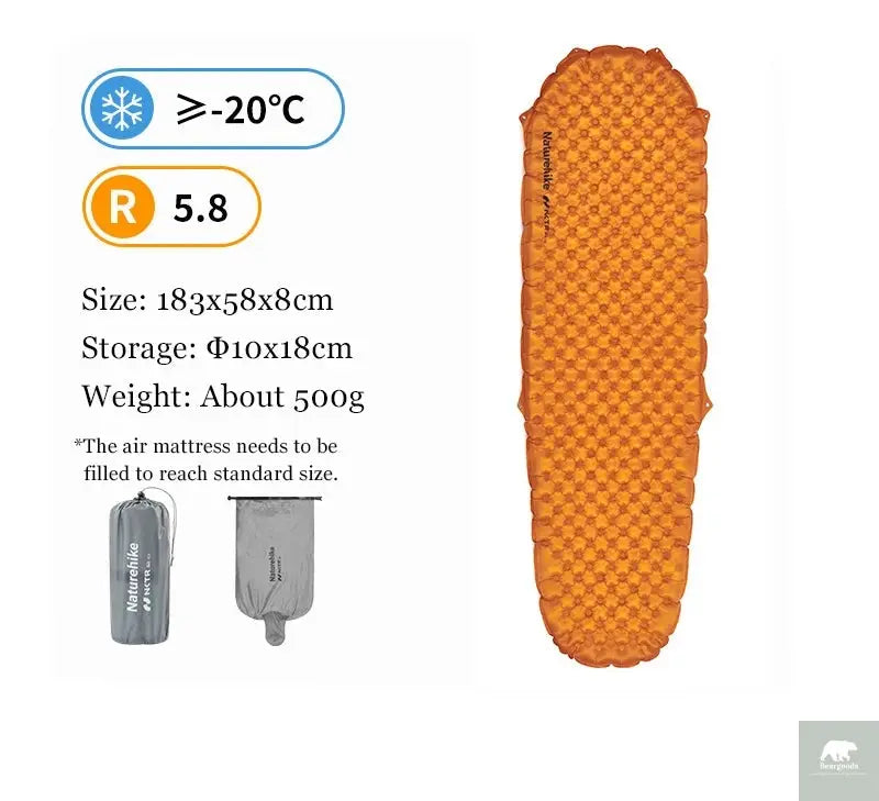 Naturehike Camping Mat 5.8 High R-value Mat Inflatable Sleeping Pad Lightweight Air Mattress 20D Nylon TPU Beach Portable Mats Beargoods
