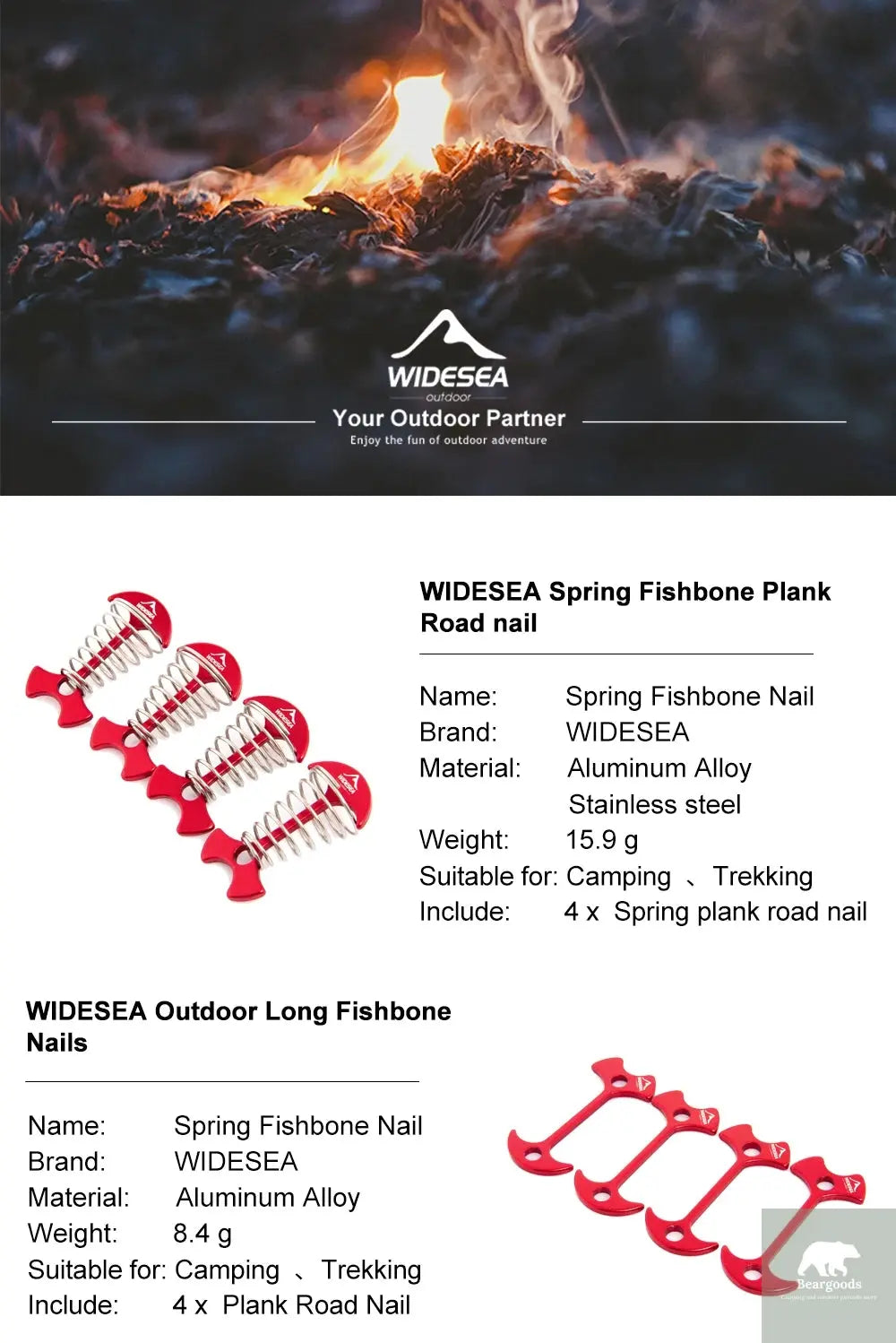 Widesea 4Pcs/set Camping Adjustable Plank Spiral Shaped Fish Bone Deck Carabiner Wind Rope Buckles Tent Stakes Hook Board Peg Beargoods