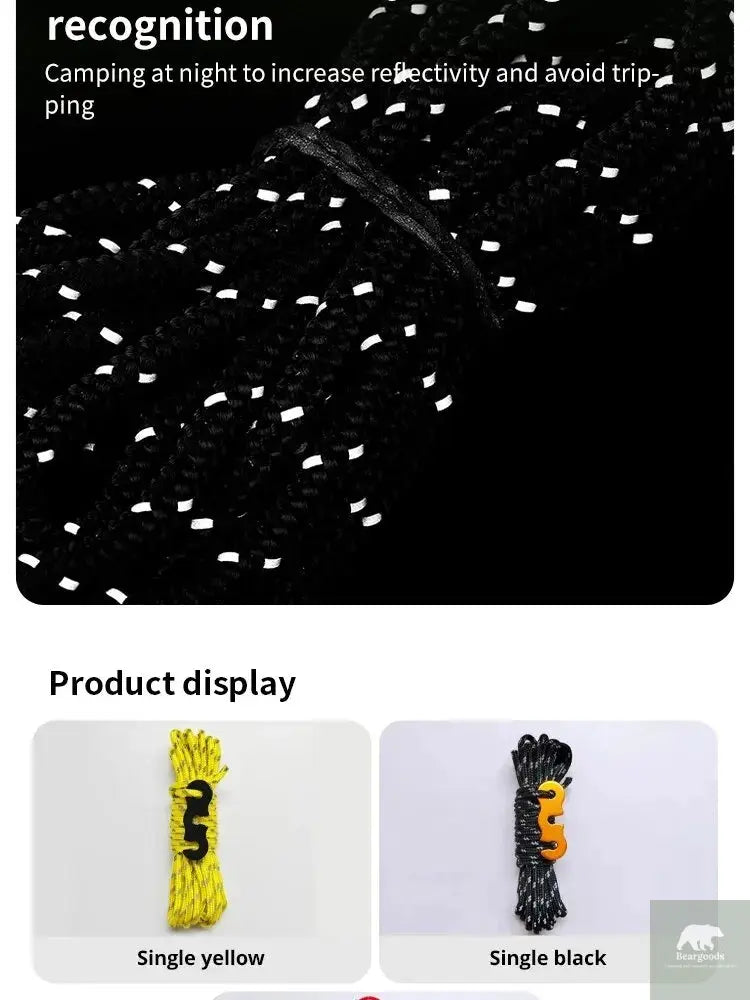 4Pcs Outdoor Guy Lines Tent Cords Reflective Camping Rope with Aluminum Guylines Adjuster Tensioner Pouch for Tent Tarp Canopy Beargoods
