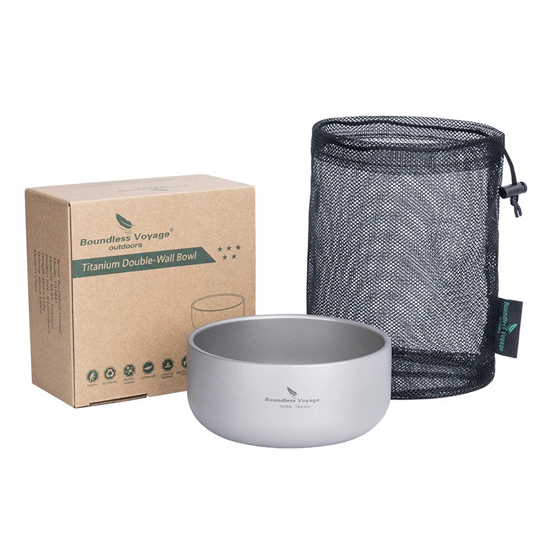 Boundless Voyage Titanium Camping Rice Bowl Non Slip Double Layer Anti-hot Outdoor Camping Kitchen Tableware Food Container Beargoods