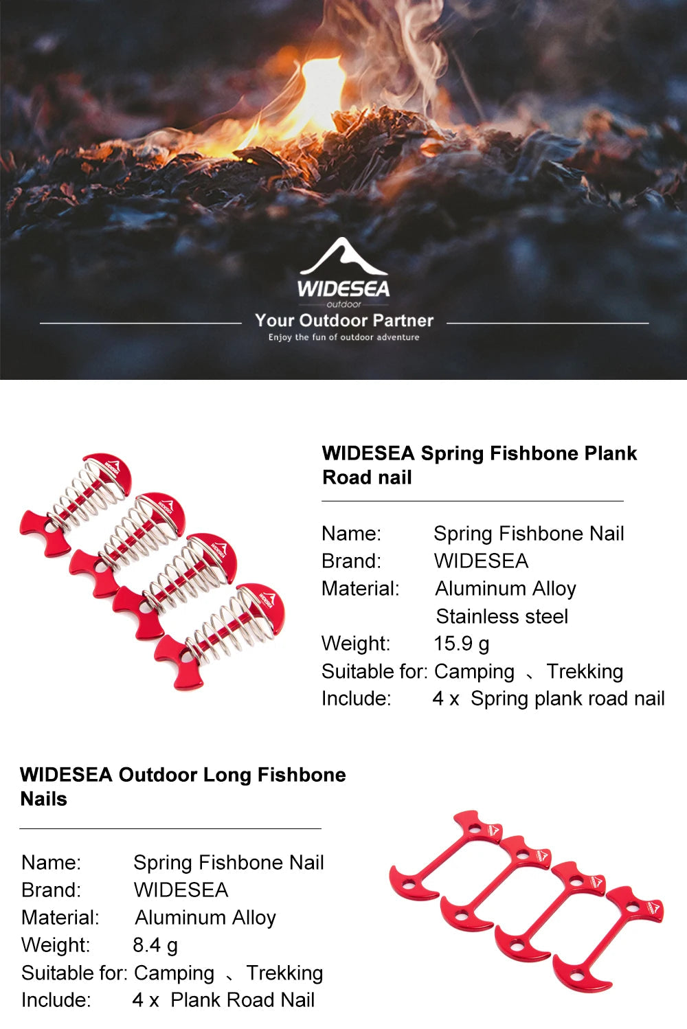 Widesea 4Pcs/set Camping Adjustable Plank Spiral Shaped Fish Bone Deck Carabiner Wind Rope Buckles Tent Stakes Hook Board Peg Beargoods