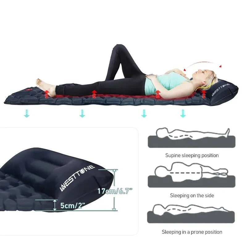 WESTTUNE Camping Inflatable Mattress Ultralight Outdoor Sleeping Pad with Pillow Built-in Pump Air Mat for Backpacking Hiking Beargoods