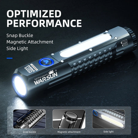 WARSUN Outdoor 2000 Lm Emergency Small Portable Tactical Type C Rechargeable Torch COB LED Flashlight with Magnet Beargoods