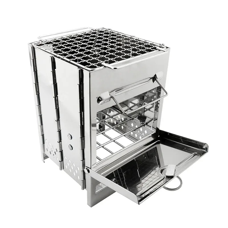 Square Wood Burning Camping Stove Outdoor Survival BBQ Mini Grill BBQ Outdoor Camping Firewood Folding BBQ Picnic Stove Beargoods