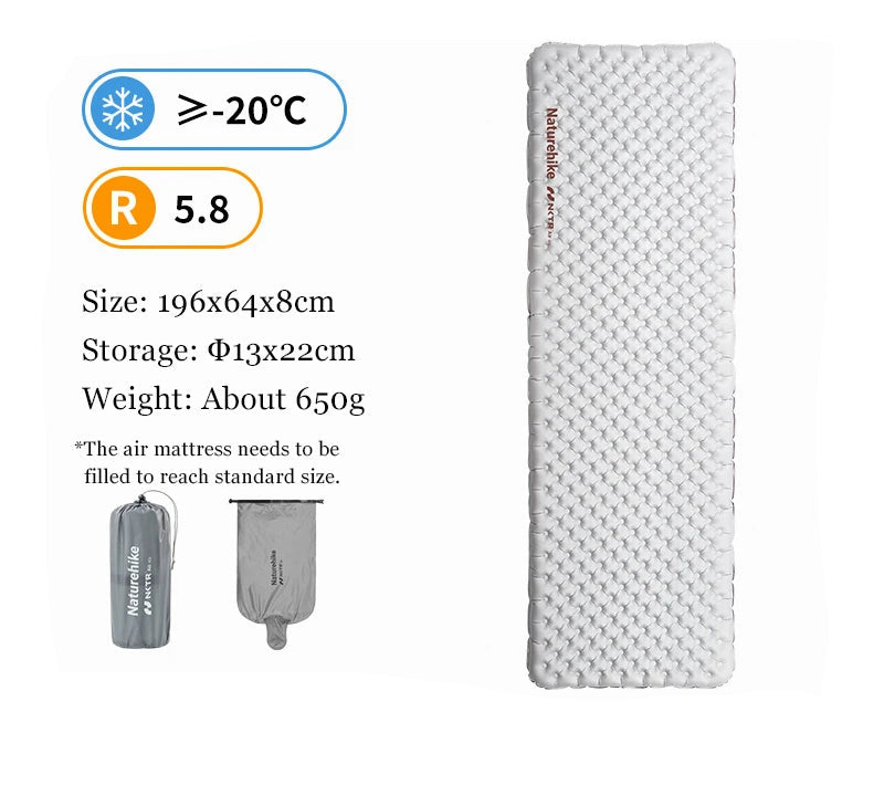 Naturehike Camping Mat 5.8 High R-value Mat Inflatable Sleeping Pad Lightweight Air Mattress 20D Nylon TPU Beach Portable Mats Beargoods