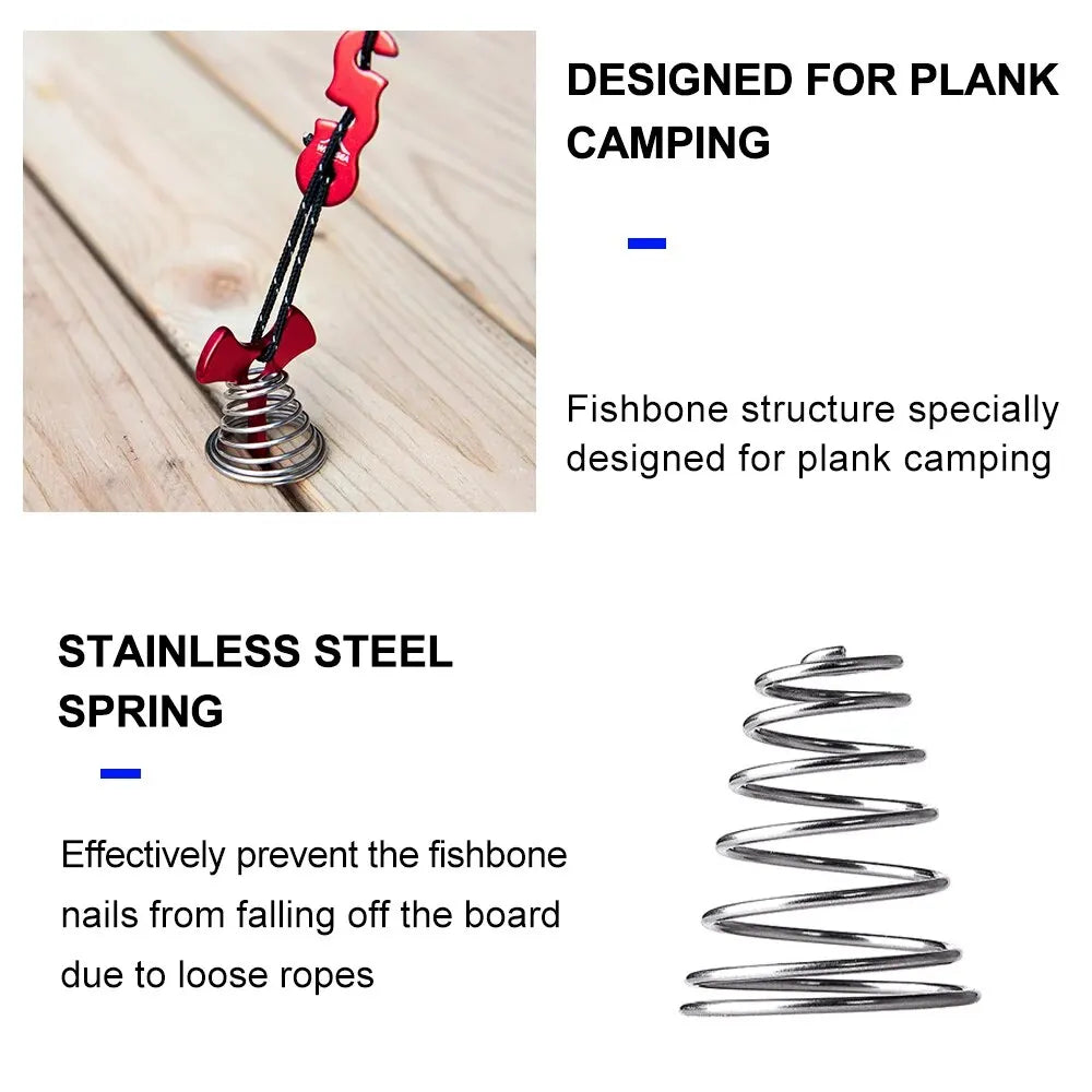 Widesea 4Pcs/set Camping Adjustable Plank Spiral Shaped Fish Bone Deck Carabiner Wind Rope Buckles Tent Stakes Hook Board Peg Beargoods
