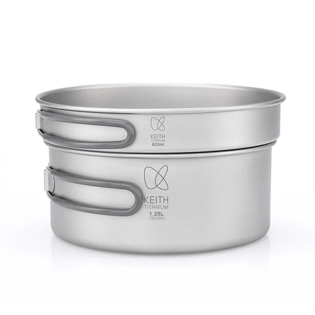 KEITH Pure Titanium 2-Piece Cookware Set (800ml+1250ml), Ultralight Pot & Pan with Mesh Bag for Camping Backpacking Hiking Beargoods