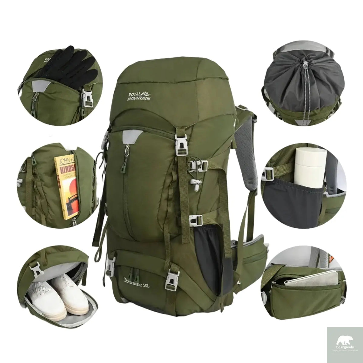 50L Hiking Backpack, Water-Resistant Nylon Bag, Large-Capacity Dual-Shoulder Bag for Trekking, Sports, and Functional Outdoor Beargoods