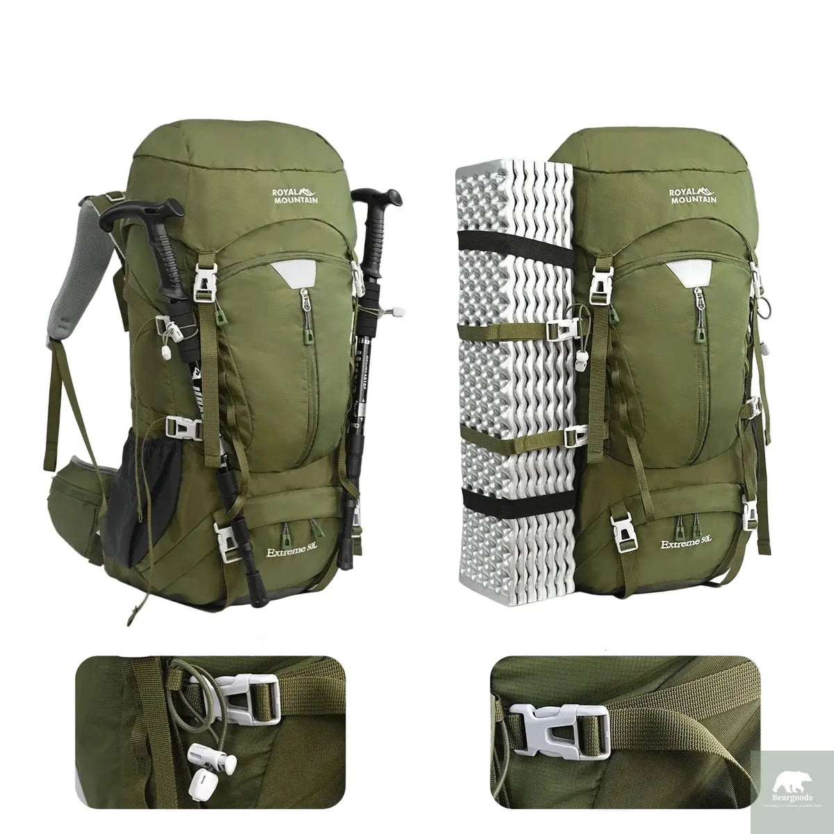 50L Hiking Backpack, Water-Resistant Nylon Bag, Large-Capacity Dual-Shoulder Bag for Trekking, Sports, and Functional Outdoor Beargoods